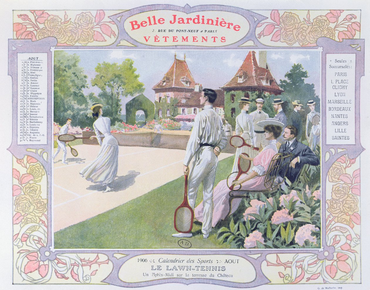 芝生テニス、衣料品店「ラベルジャルディニエール」のカレンダーからの8月のイラスト、1906 作： ジョルジュ・バーティン・スコット