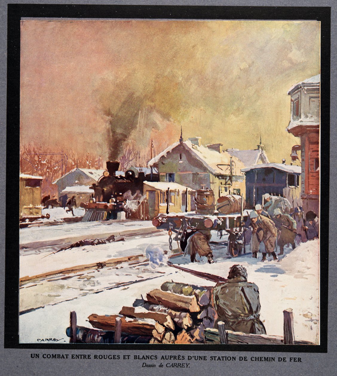 鉄道駅での赤衛兵と白衛兵の戦い（『Histoire des Soviets』より）。1922年（カラーリトグラフ） 作： ジョージズ・キャリー