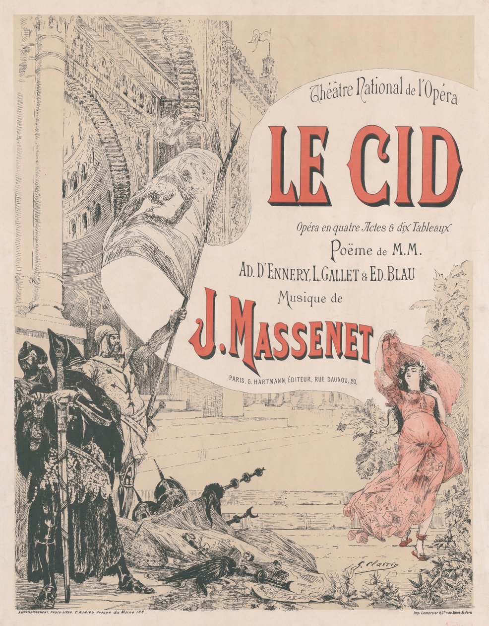 ジュール・マスネによるオペラ・ル・シッドの初演のポスター、1885年。 作： ジョルジュ・クレール