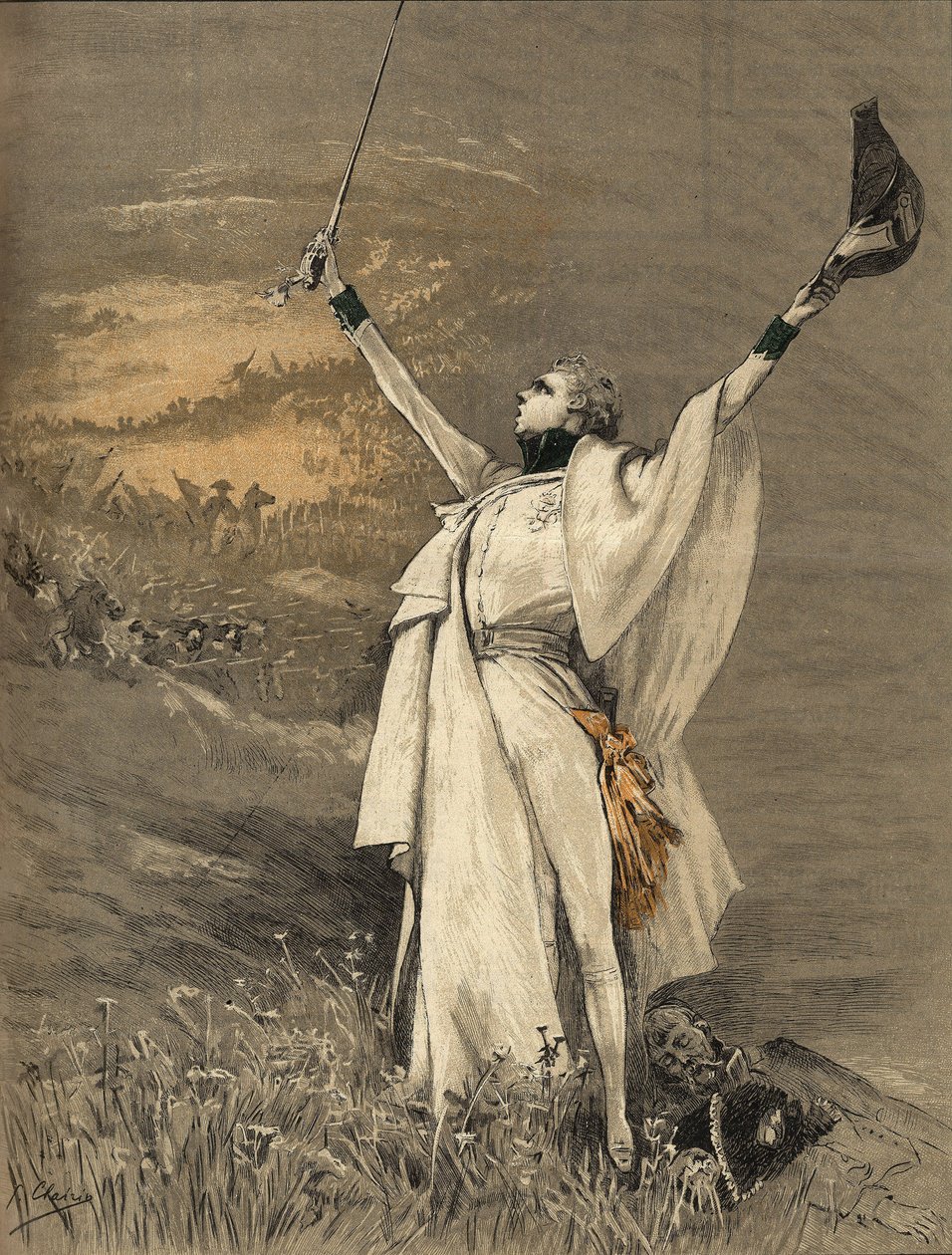 皇帝ナポレオン1世（1769-1821）の息子であるライヒシュタット公爵を演じたサラ・ベルナール（1844-1923）と呼ばれる女優、ヘンリエット・ロジン・ベルナール（1900年、ジョルジュ・ジュール・ヴィクトル・クレイラン（1843-1919）によるエングレーヴィング作品。 作： ジョルジュ・クレール