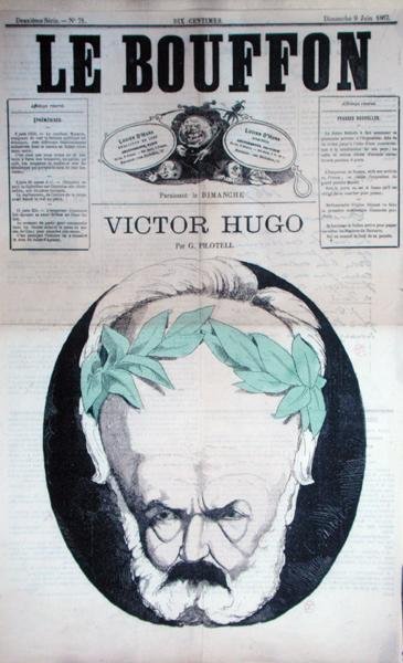 ヴィクトル・ユーゴー（1802-85）の風刺画（「Le Bouffon」1867年6月号の表紙より）（リトグラフ版 作： ジョルジュ・ラバディ・ピロテル