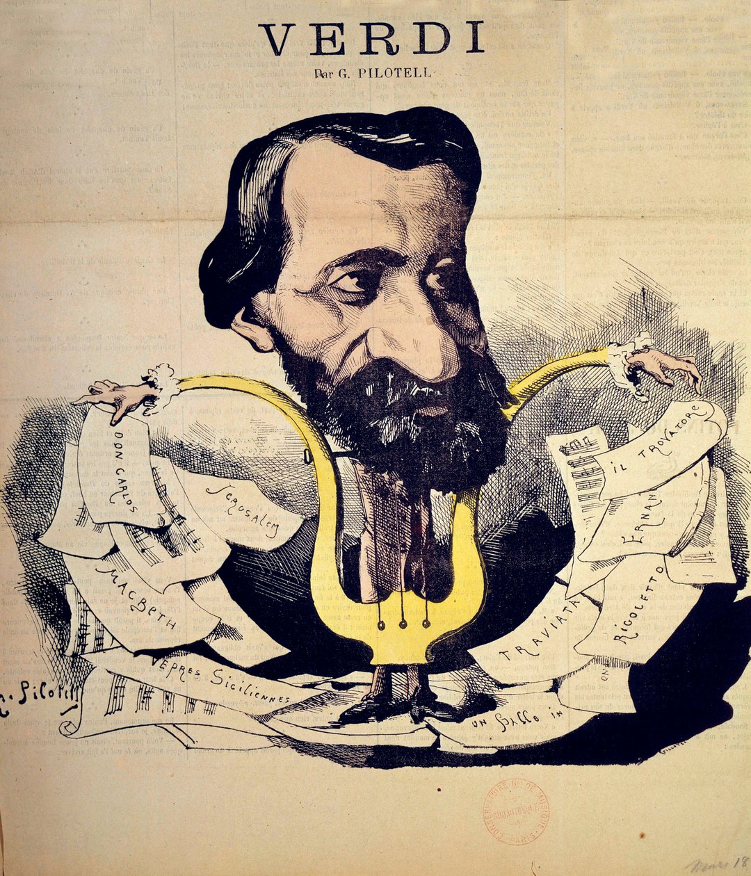 作曲家ジュゼッペ・ヴェルディ(1813-1901)によるピロートル(1845-1918)の漫画 1869年3月パリ国立音楽院 作： ジョルジュ・ラバディ・ピロテル
