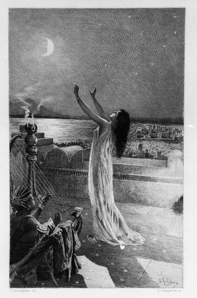 Salammbo, Tochter von Hamilcar Barca (oder Barcas), betet Tanit, Göttin des Mondes. Illustration von Georges Antoine Rochegrosse (1859-1938) für den Roman „Salammbo“ von Gustave Flaubert, der den Söldnerkrieg zur Zeit des Ersten Punischen Krieges als Rahme von Georges Marie Rochegrosse