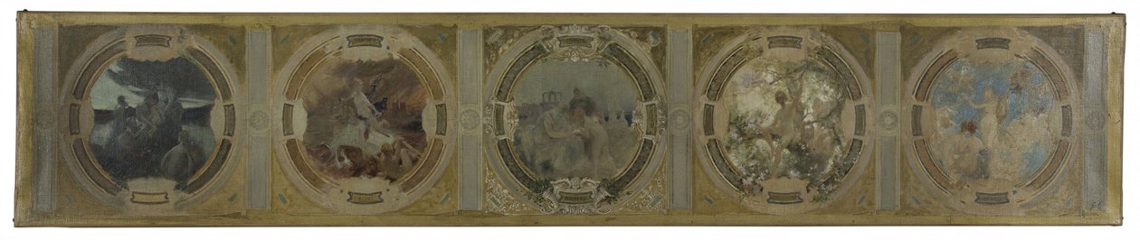 パリ市庁舎のロバウ・ギャラリーのスケッチ：パリの誕生。闘争。哲学と古代文学。春。文学、1890年（キャンバスに油彩） 作： ジョージズ・ピカール