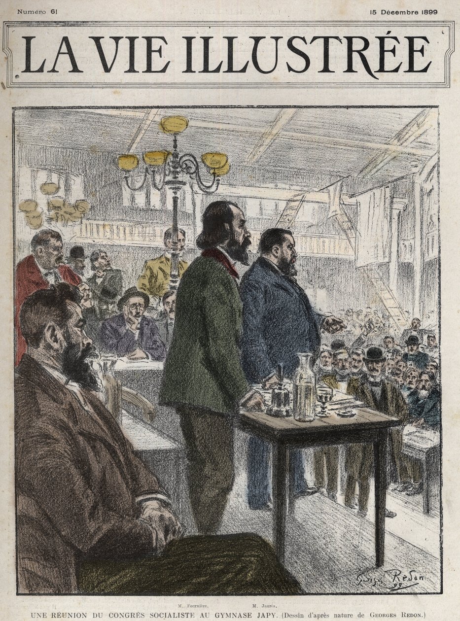 1899年12月にパリで開催された社会主義者団体の総会、ジャピー体育館にて - ジャン・ジャレス（1859-1914）とユージン・フルニエ（1857-1914） ジョルジュ・ルドンによるドローイング - La vie illustree de 1899 作： ジョルジュ・ルドン