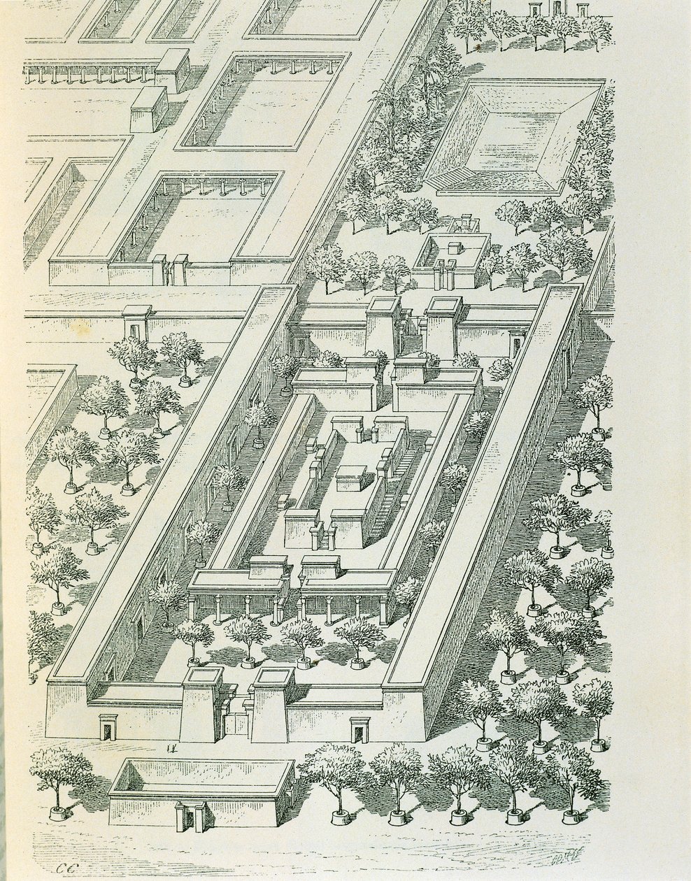 ジョルジュ・ペロ（1832-1914）とシャルル・チピエズ（1835-1901）によるテル・エル・マルナの建物の透視図を描いたエッチング。 作： ジョルジュとシピエ シャルル・ペロー