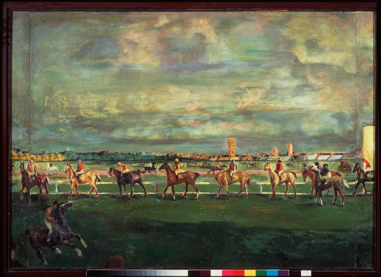 競馬 (競馬) - Georgi Bogdanovich Yakulov (1884-1928) による絵画、木に油彩 作： ゲオルギー・ボグダノビッチ・ヤクロフ