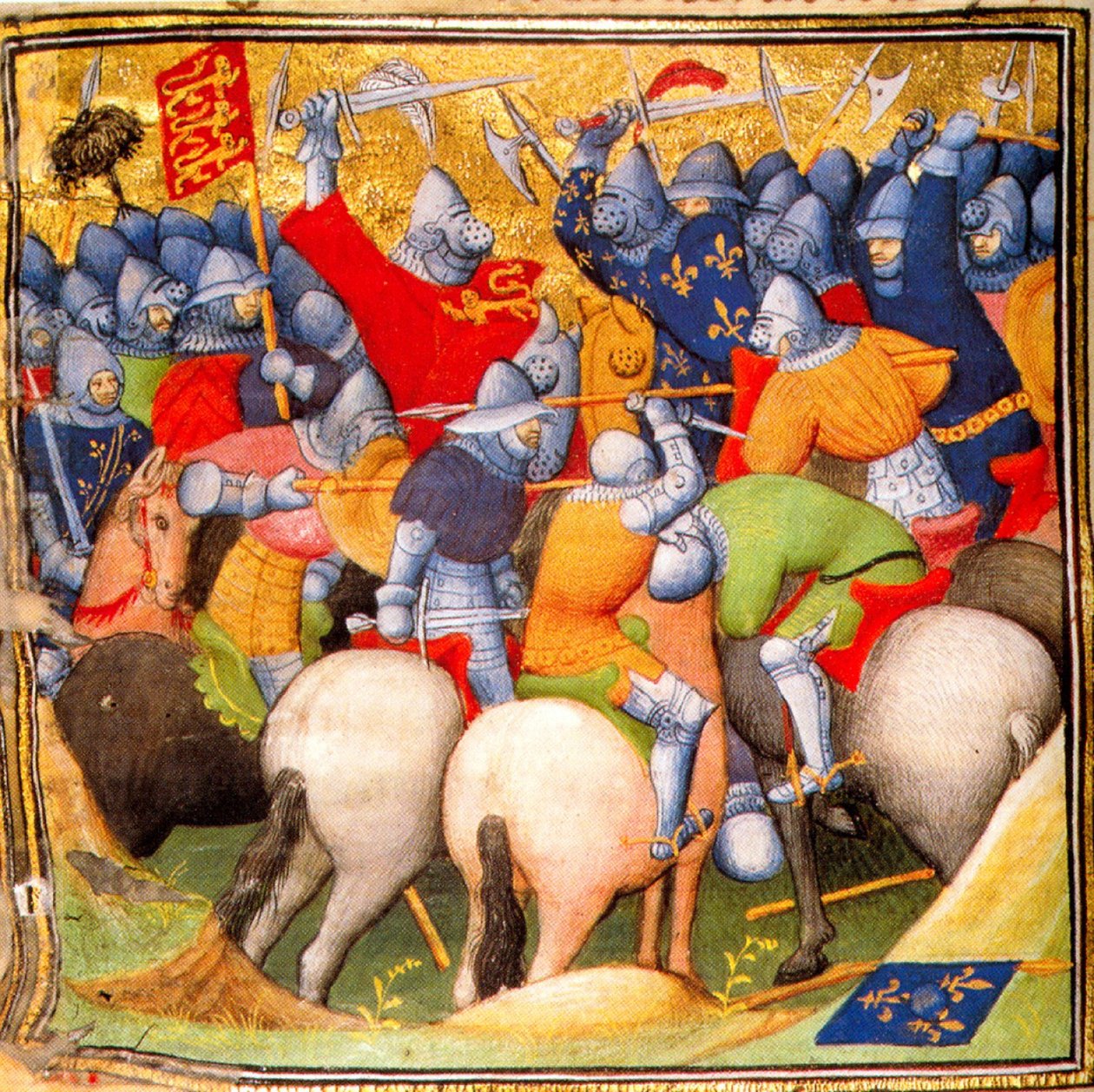 1346年、クレシーの戦いでフランス騎士団と戦うイングランド人たち（『グランド・クロニク・ド・フランス』1415年） (26228020225) 作： トビリシのGeorgiaLevanRamishvili