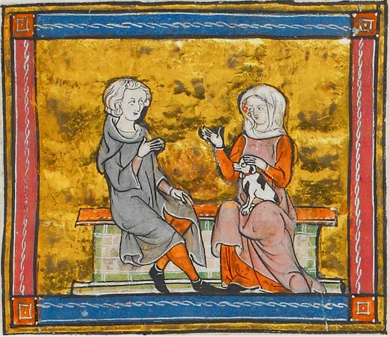 白黒の小犬を抱いた婦人と会話するランスロット（『モルテ・アルトゥ』より、1315-1325年頃） (41067329535) 作： トビリシのGeorgiaLevanRamishvili
