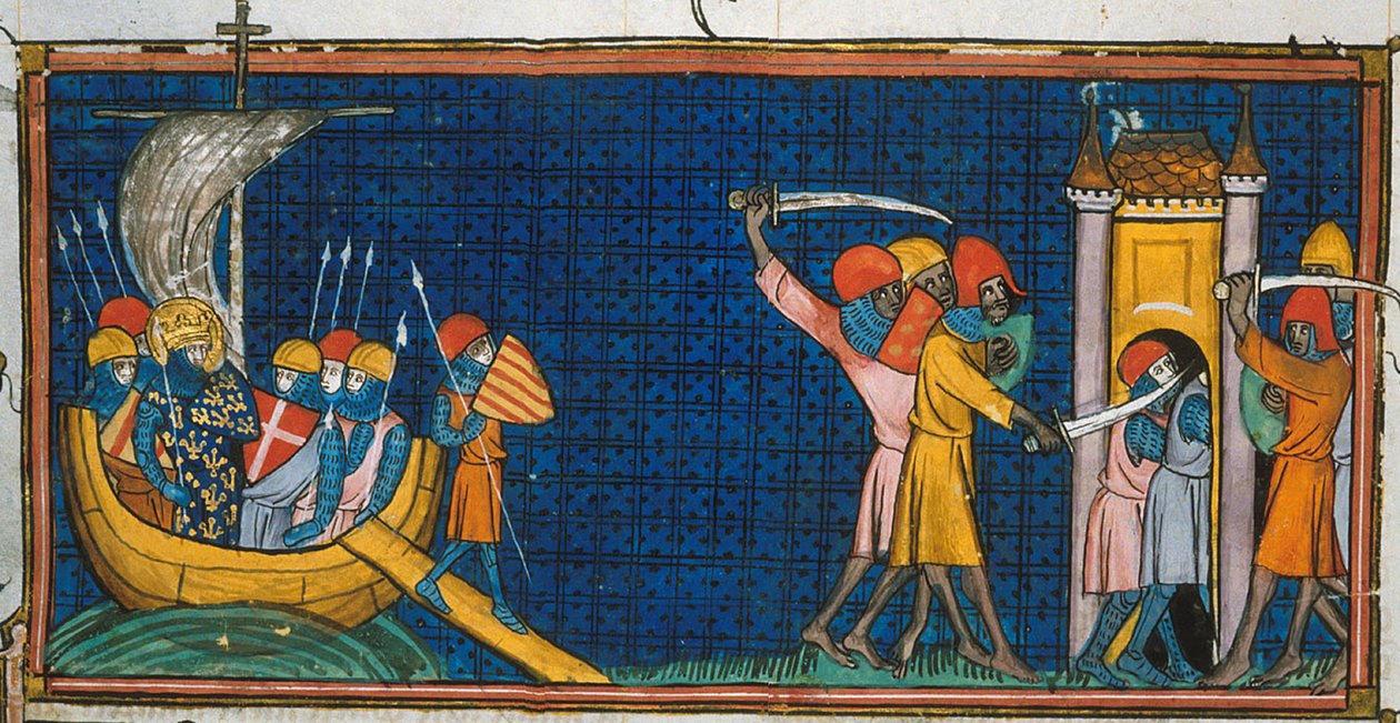 チュニスに上陸するルイ9世と、塔の中でサラセン人に断ち切られるフランス人（「Chroniques de France ou de St Denis」より、14世紀） (22528512660) 作： トビリシのGeorgiaLevanRamishvili