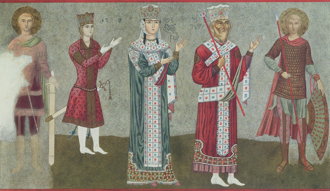 タマール女王（1184-1213）と彼女の父親であるグリグリ3世（1156-1184）を描いたフレスコ画のコピー 作： グルジア語学校