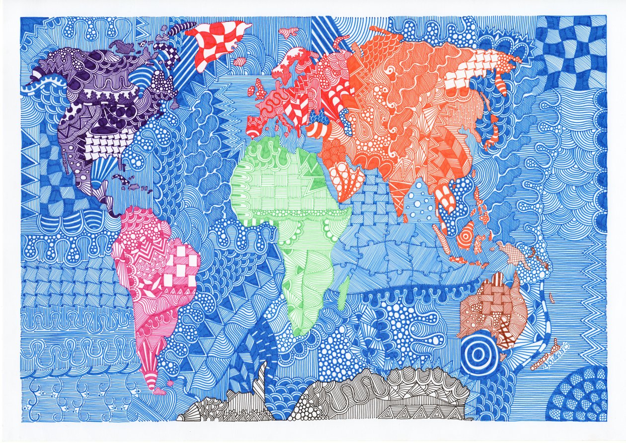 世界地図、2015年（ブリストルボードにインク） 作： ジョージナ・ナイズビット