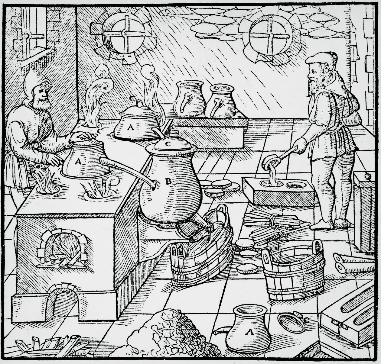 バーゼルで出版された Georg Pawer または Georgius Agricola (1494-1555) による De re metalica (金属の性質について) からの彫刻 作： ゲオルギウス・アグリコラ