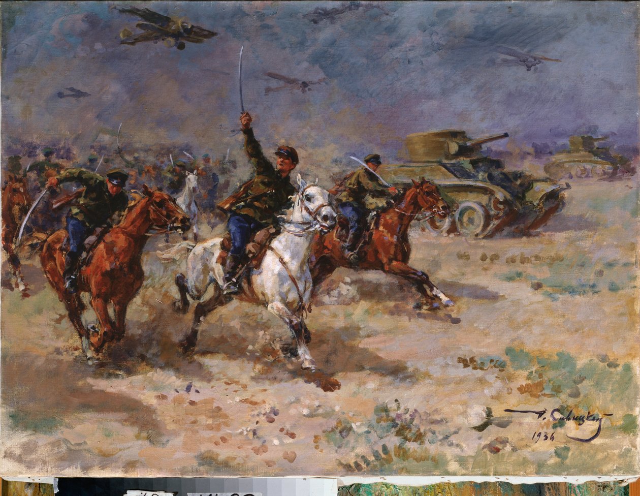 攻撃 (10 月革命中の赤軍の戦車と騎兵隊) - 攻撃 - ジョージ (Georgy, Georgi) Konstantinovich Savitsky (1887-1949) による絵画、キャンバスに油彩 作： Georgiy Konstantinovich Savitsky