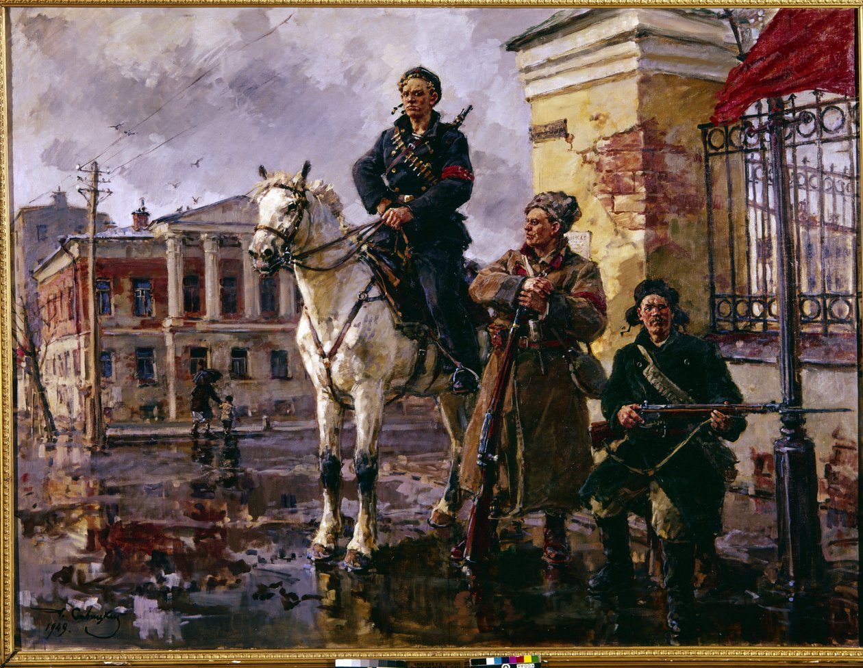 1917 年 10 月のロシア革命: ""the first days of October"" (10 月の最初の日)。 1917 年 10 月 25 日のサンクトペテルブルクの冬宮殿の占領、紅衛兵とボリシェヴィキによる攻撃。 ジョージの絵画 (Georgy, Georgi) 作： Georgiy Konstantinovich Savitsky