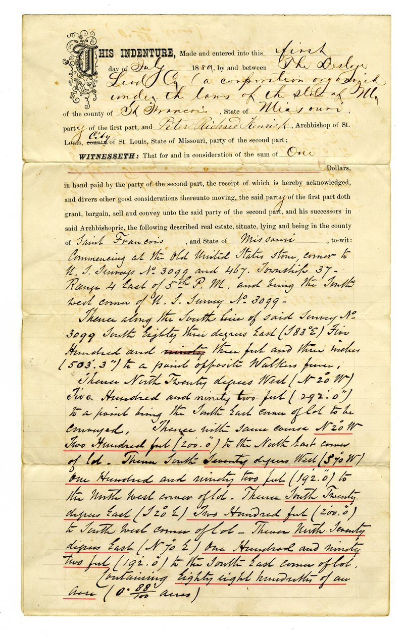 Desloge Lead Co.からセントルイス大司教のPeter Richard Kenrickに合計$ 1で土地を譲渡。譲渡されたプロパティ 作： ジェラルド・B・アレン