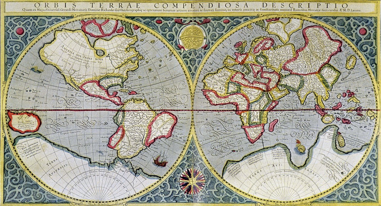 メルカトル図法 (1587 年) の世界地図 - H. クレーマー著「宇宙と人類」 作： ジェラルド（後）メルカトル