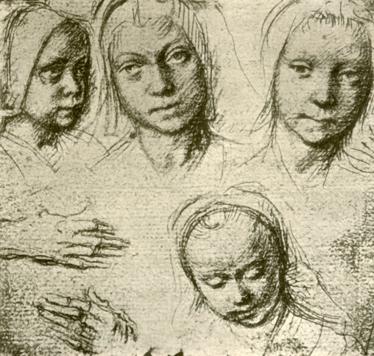 若い女の子の4つの頭と両手、c1500-1505、1908。 作： ジェラルド・デイビッド