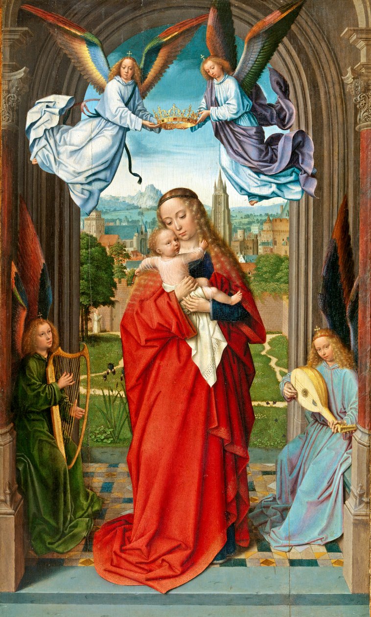 四天使の聖母子、c.1510-15（木の油） 作： ジェラルド・デイビッド