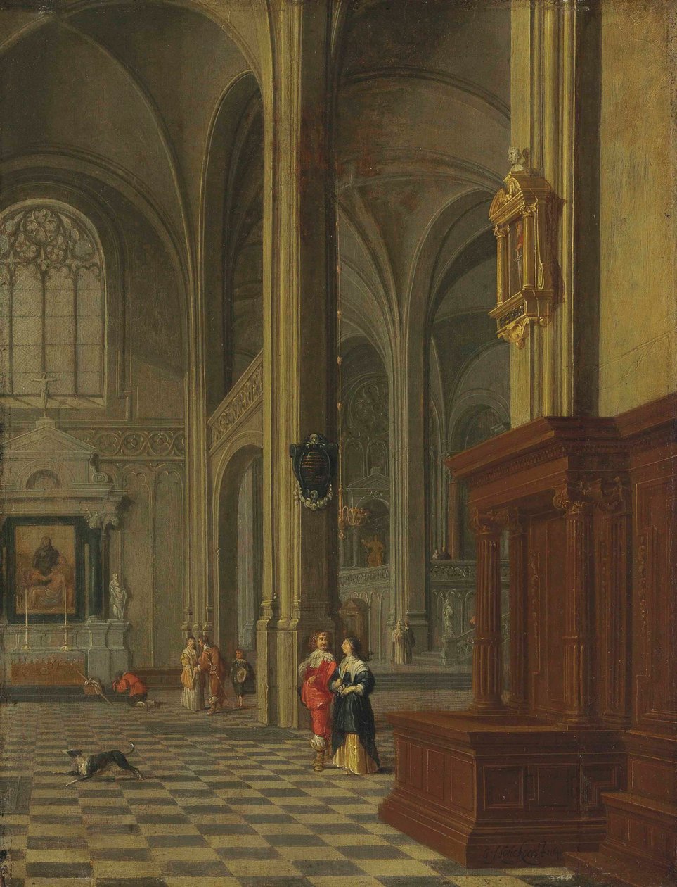 ドイツ語：Inneres einer Kirche 優美な人物像が描かれたゴシック様式の教会内部 作： ジェラルド・ホックギースト