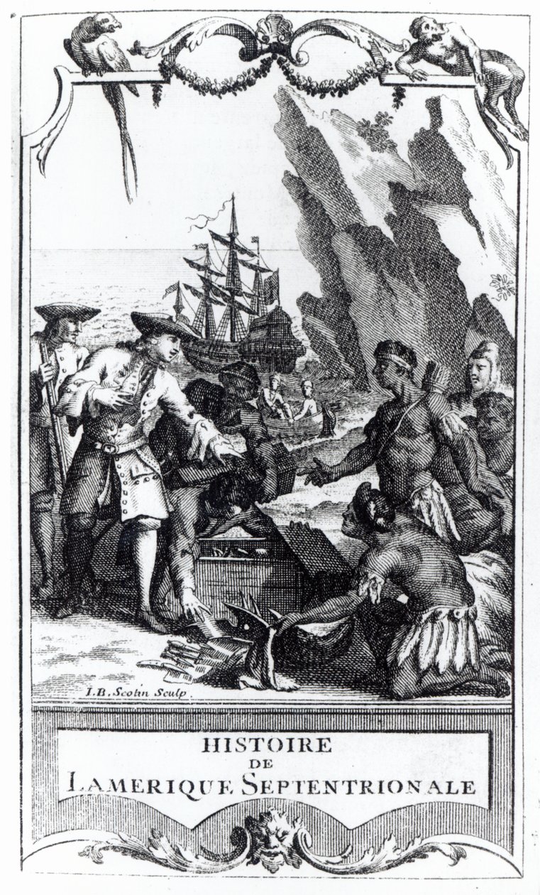 1753年に公開されたBacqueville de La Potherie（1663-1736）によるHistoire de lAmerique septentrionaleの口絵（bw写真） 作： ジェラルド・ジャン・バプティスト・スコタン