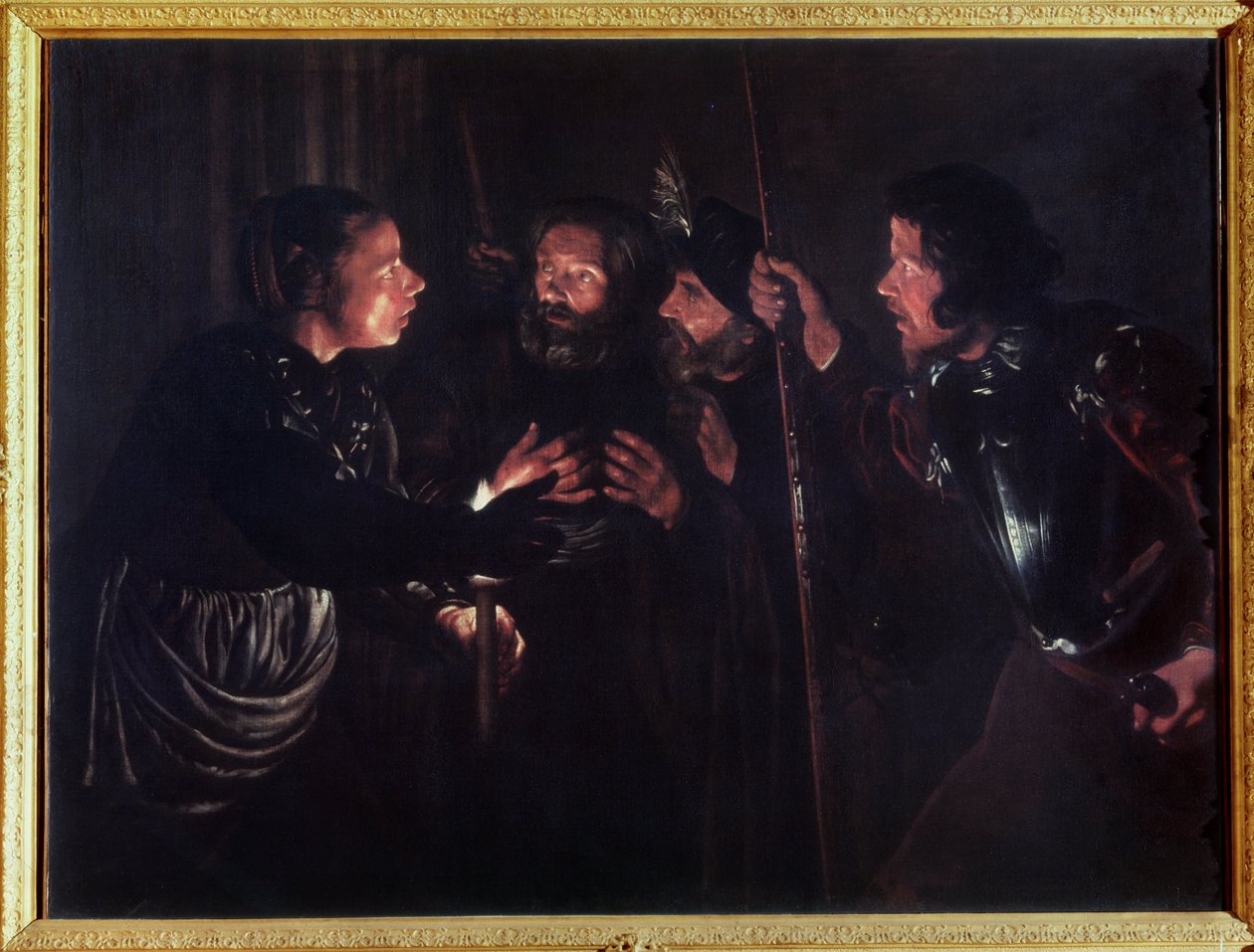 聖ペテロの否定。 Gerard Seghers (1591-1651) による絵画。 キャンバスに油彩