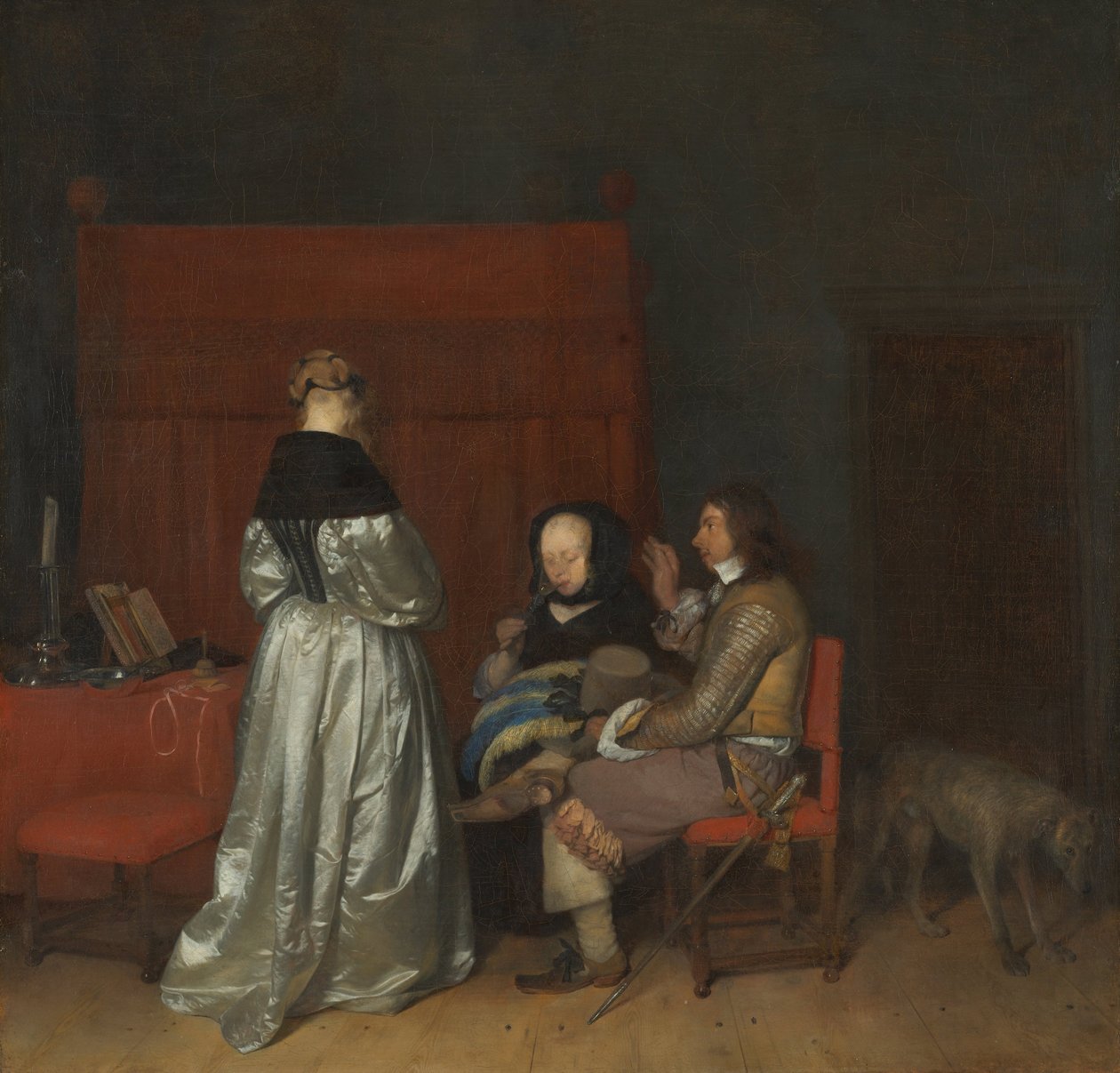 インテリアで会話する3人の人物The Paternal Admonition、ca 1654 作： ジェラード・テル・ボルチ