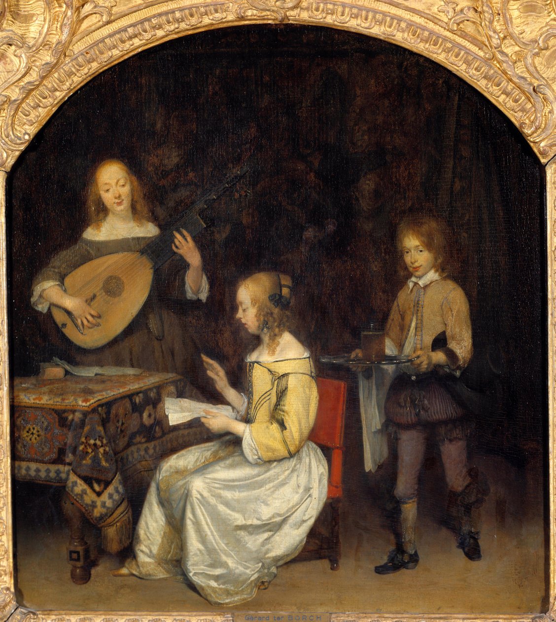 コンサート：ルース・テオルベの歌手と奏者。ジェラール・テル・ボルヒ（1617-1681）の絵画、オランダ派 作： ヘラルトテルボルチ