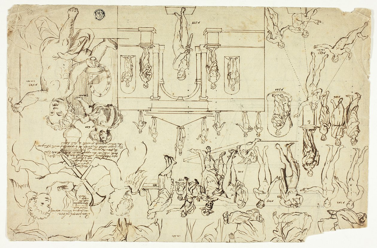 彫像と絵画の図版に基づく模写（レクト）；男性の骨格の寸法（裏面） 作： ジェラール・ドゥ・レレス
