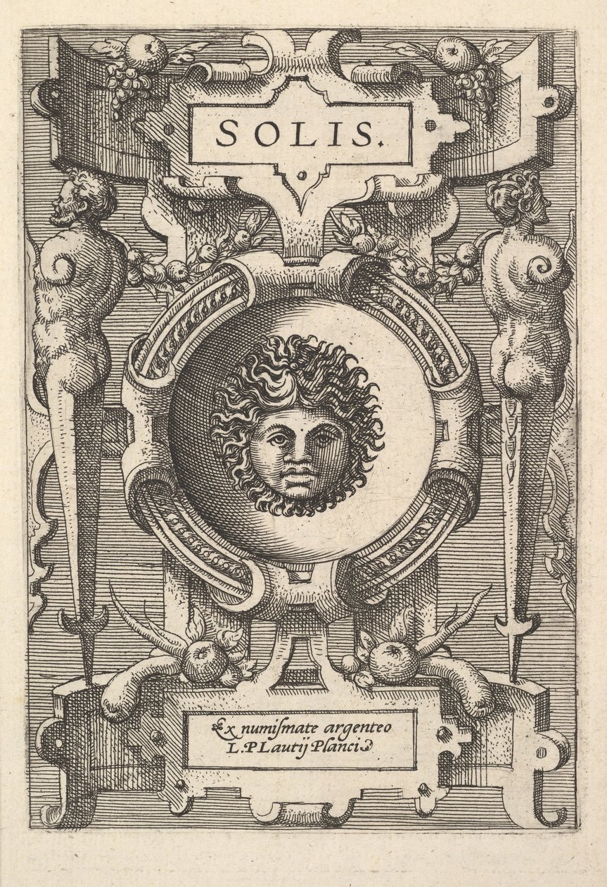 ストラップワークに囲まれたソルの胸像、一連の画像「Deorum dealumque」から、1573 年 作： ジェラルド・ファン・グローニンゲン