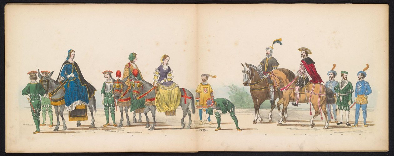 ライデン学生のマスカレード、1855年（プレート10） 1855 年 6 月 12 日にライデン学生団のメンバーが開催した衣装を着た行進で、ライツェ ホーゲ学校の 280 周年を祝って、カレル 5 世ビンの入場を描いた 作： ジェラルド・ヨハネス・ボス