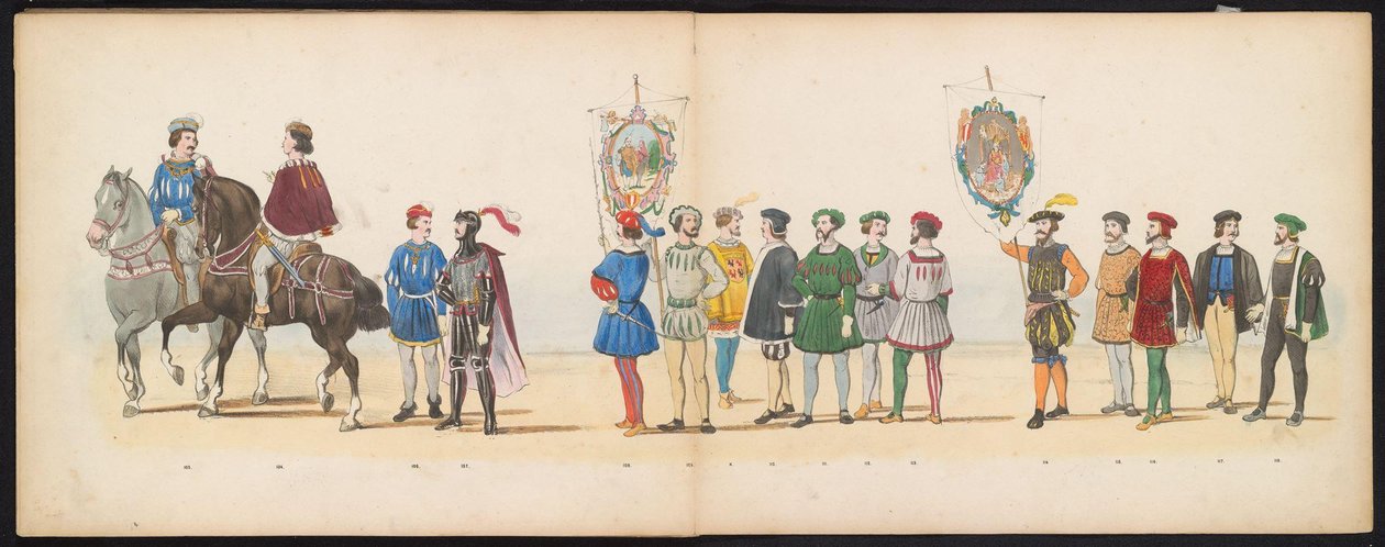 ライデン学生のマスカレード、1855年（プレート13） 1855 年 6 月 12 日にライデン学生団のメンバーが開催した衣装を着た行進で、ライツェ ホーゲ学校の 280 周年を記念して、カレル 5 世ビンの入場を描いた 作： ジェラルド・ヨハネス・ボス