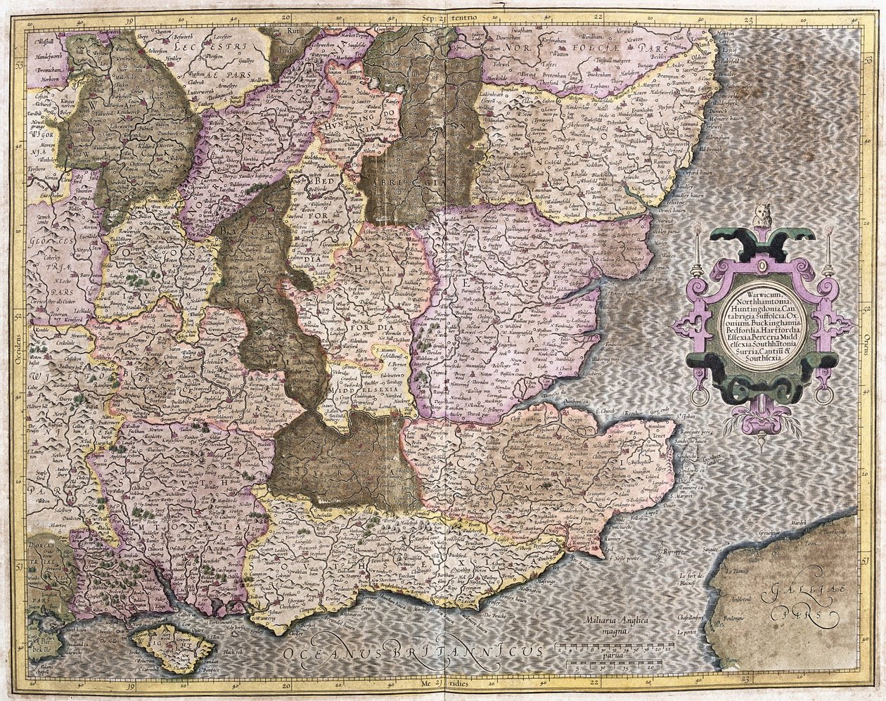 イギリス海峡とロンドンを含むイングランドの南東地域（彫刻 作： ゲラルドゥスメルカトル