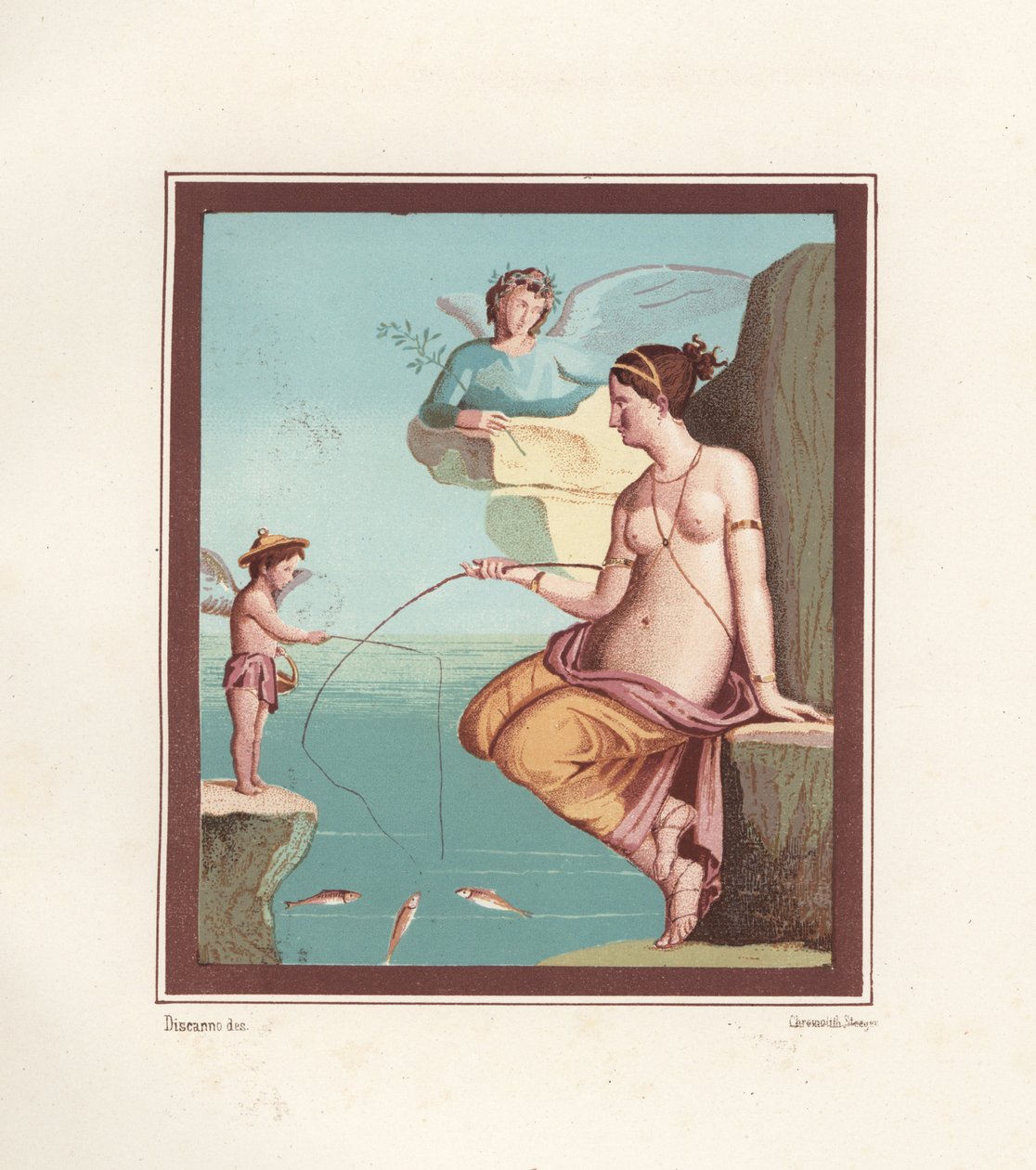 ヴィーナスとキューピッドの壁画。レジオVI.XIV.28、タベルナ・ルソリアで発見。Emile Presuhn (1844-1878) The Most Beautiful Paintings of Pompeii, Leiに掲載されたGeremia Discannoの挿絵をもとにしたVictor Steegerによるクロモリトグラフ。 作： ジェレミア・ディスカンノ