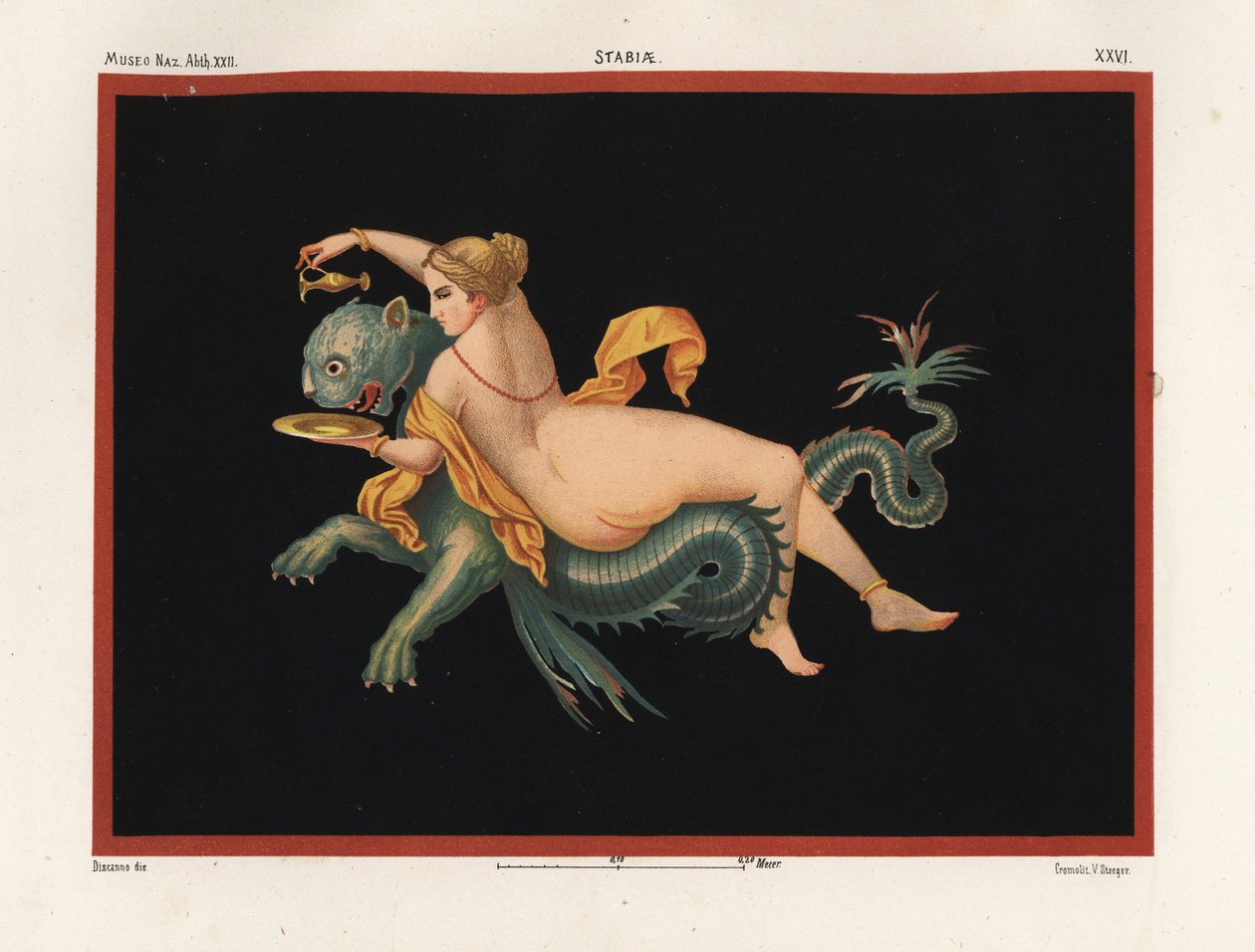 半豹半魚の怪物に支えられたネレイドの海の精。ナズ美術館。XXII, Stabiae.Emile Presuhn (1844-1878) The Most Beautiful Paintings of Pompeii, Leipzigに掲載されたGeremia Discannoの挿絵をもとにしたVictor Steegerによるクロモリトグラフ。 作： ジェレミア・ディスカンノ