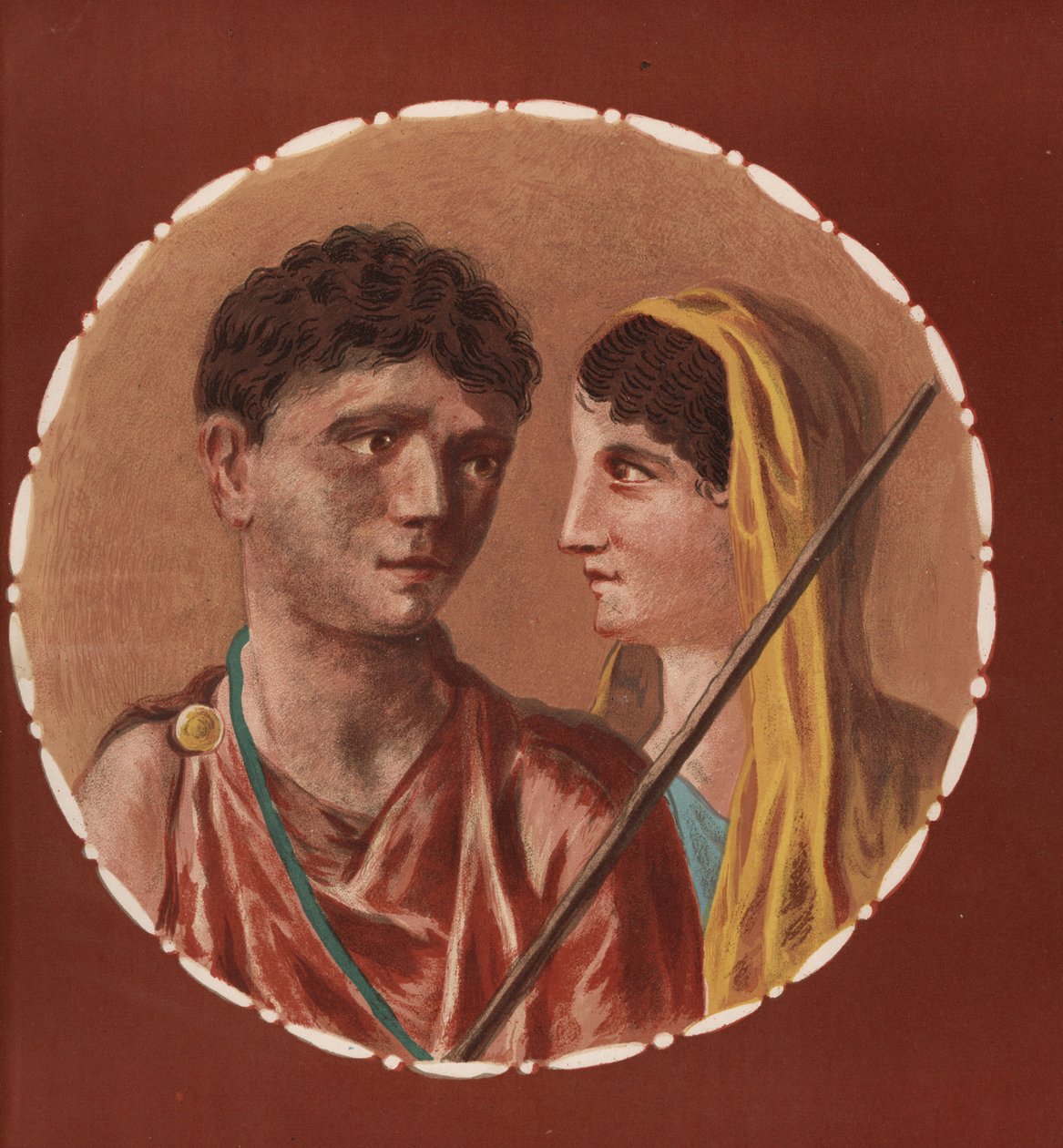 ポンペイの身元不明の家の男女の肖像。Emile Presuhn (1844-1878) The Most Beautiful Paintings of Pompeii, Leipzigに掲載されたGeremia DiscannoのイラストをもとにVictor Steegerがクロモリトグラフで制作。 作： ジェレミア・ディスカンノ