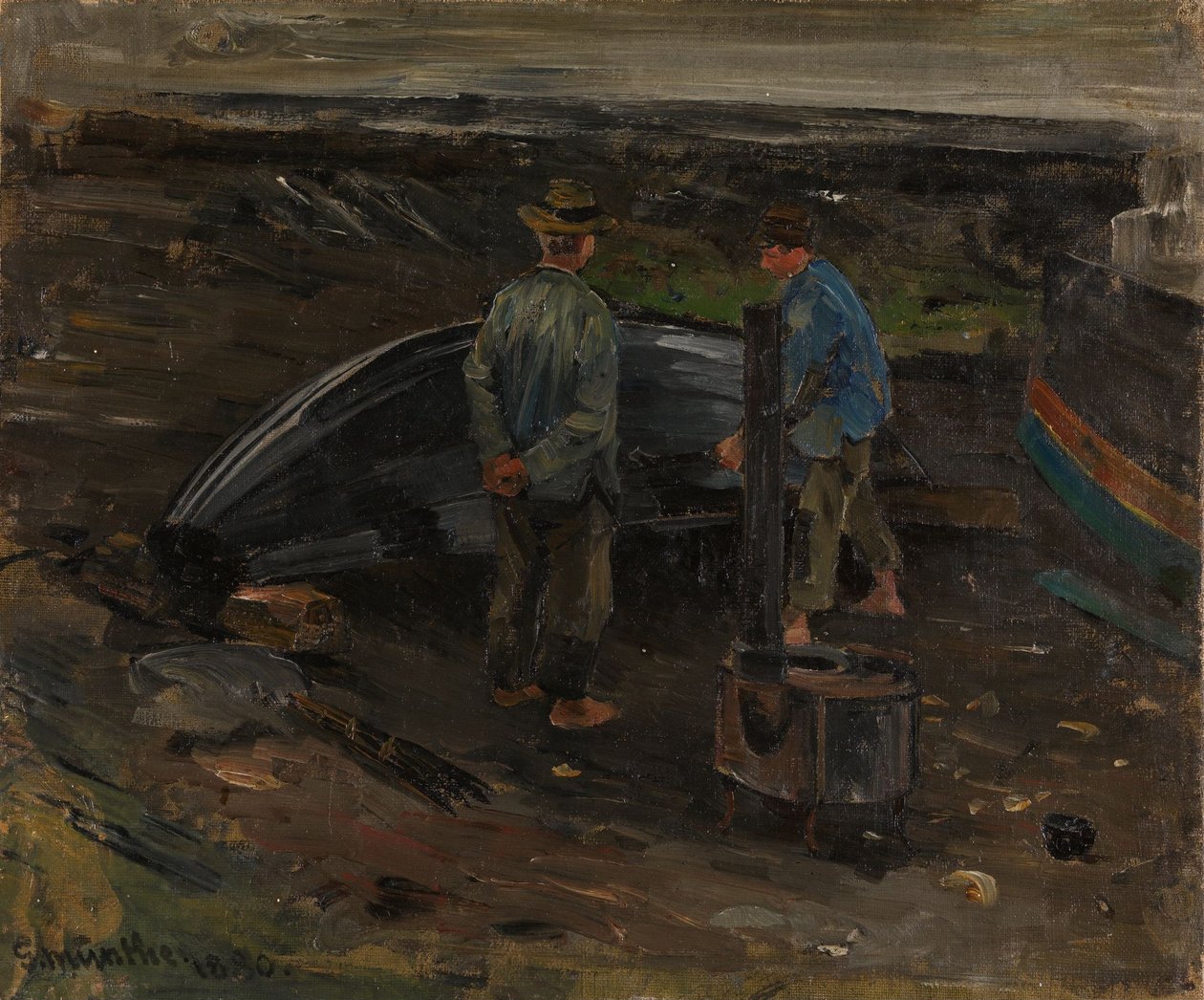 船にタールを塗る少年たち、ネヴルンハウン 作： Gerhard Munthe