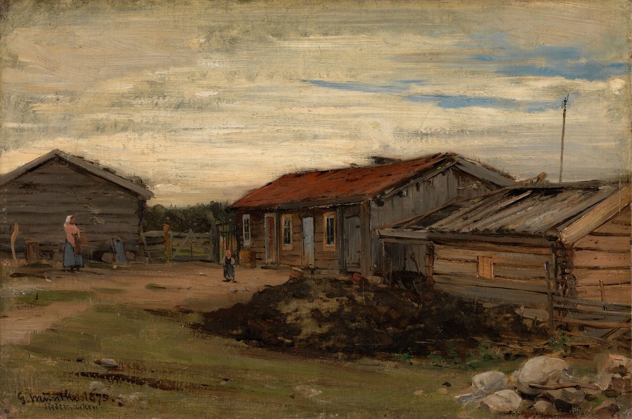 灰色の別棟のある農家の中庭 作： Gerhard Munthe