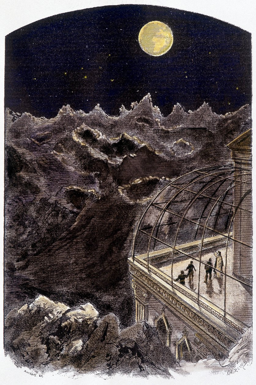 地球を観察する月面の人々-ジェリエの絵、「Un monde inconnu:2 ans sur la lune」（ピエール・ド・セレーヌ著）。フラマリオン 作： Gerlier Gerlier