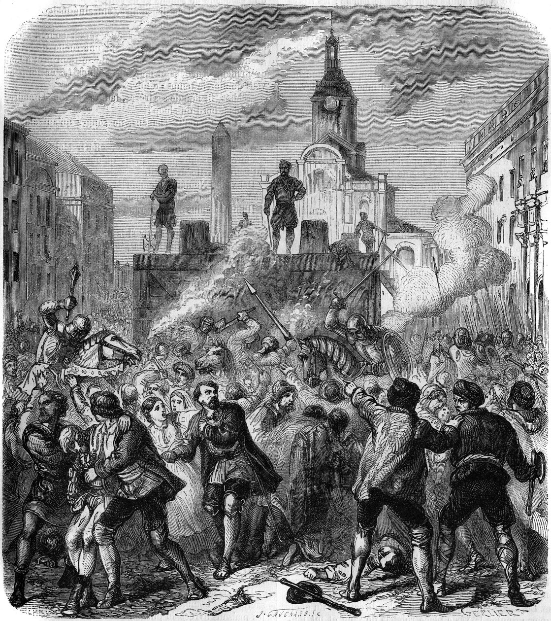 1520年11月8日、デンマーク王クリスチャン2世の命令によるスウェーデン国民のレジスタンス指導者の虐殺、ストックホルムの流血事件：軍隊は処刑を見させられた住民の怒りを鎮めようとする。ゲリエの版画 作： Gerlier Gerlier