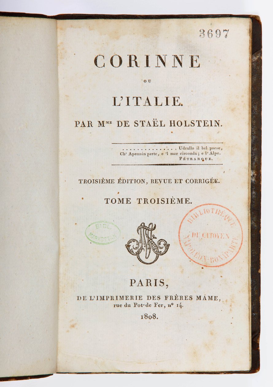 Corinne ou lItalie、第3改訂および拡大版、第3巻、Imprimerie des Freres Mame、パリ、1808年のタイトルページ（印刷用紙） 作： ジャーメイン・ド・スタール