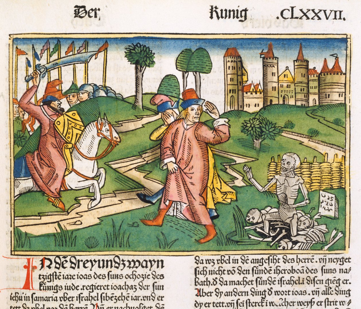王2王13 21ニュルンベルク聖書からのエリシャス墓の奇跡（Biblia Sacra Germanaica）（色の木版画） 作： ドイツ語学校