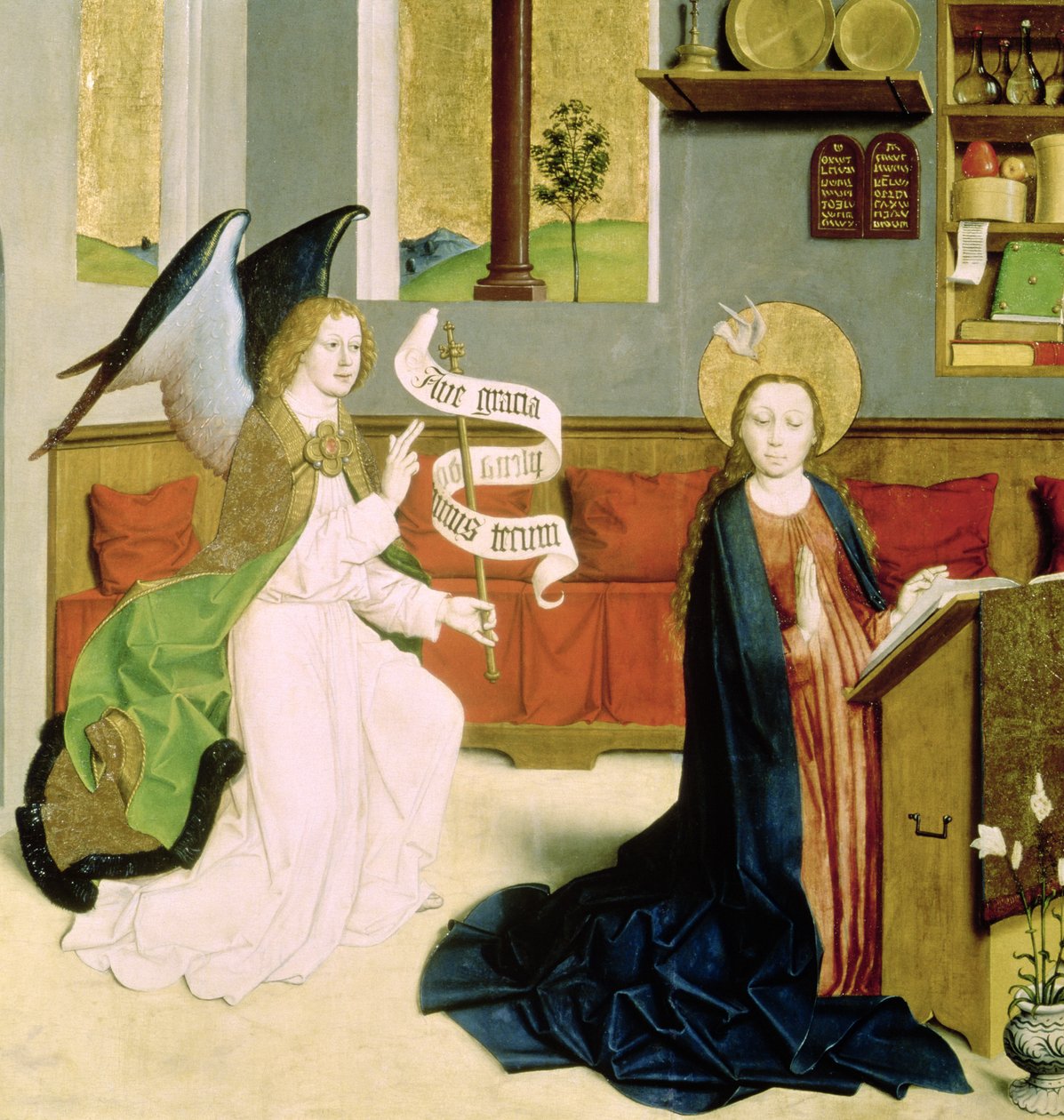 受胎告知、c.1470-80（パネル上のテンペラ） 作： ドイツ語学校