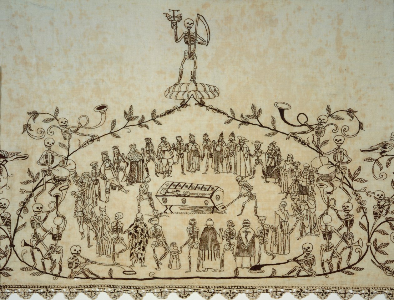 Kassler Totentanztuchシュラウドの詳細、1635-37（リネン、シルク、レース） 作： ドイツ語学校