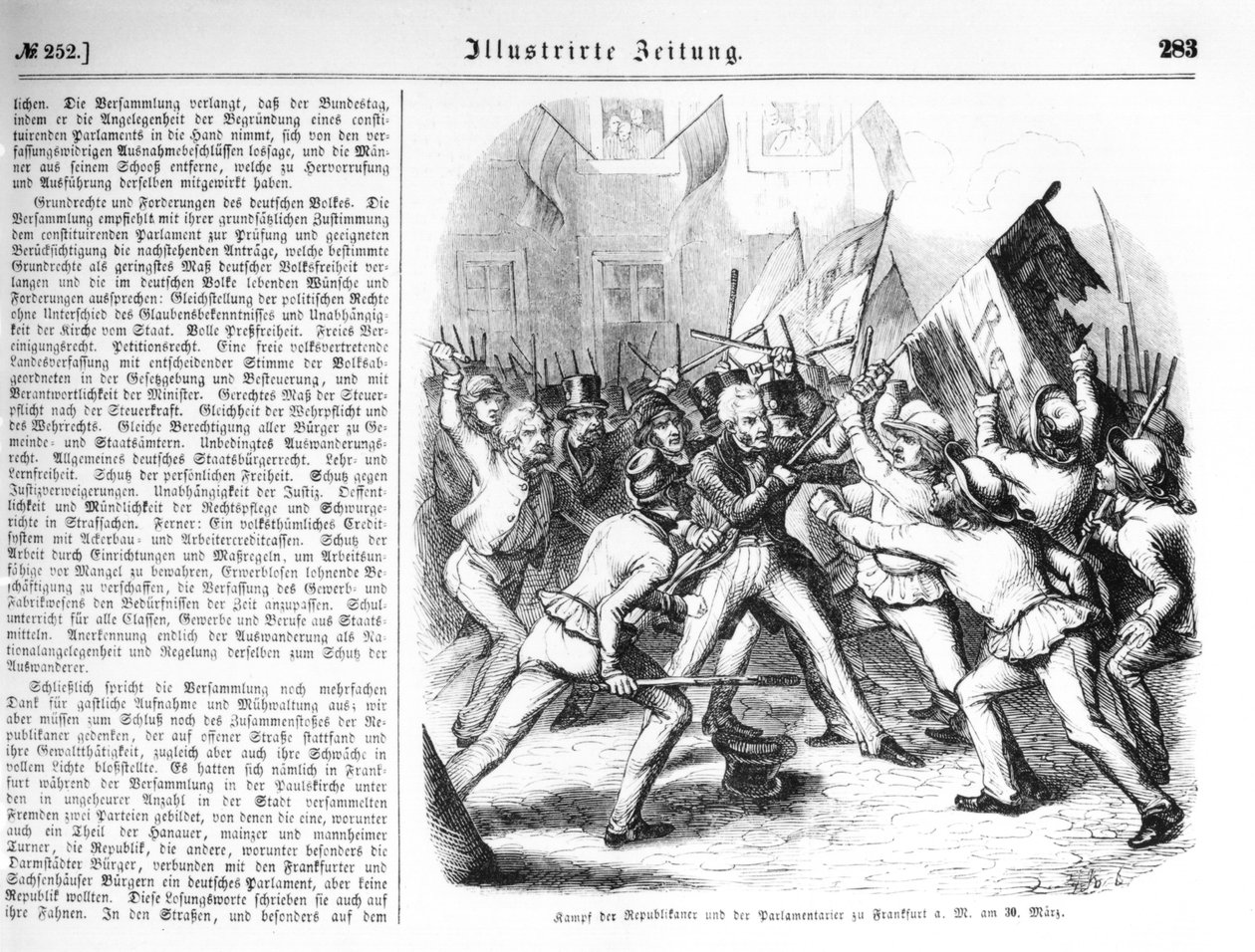 1848年3月30日にフランクフルトアムマインで共和党員と国会議員の間の戦い、「Illustrierte Zeitung」のイラスト 作： ドイツ語学校