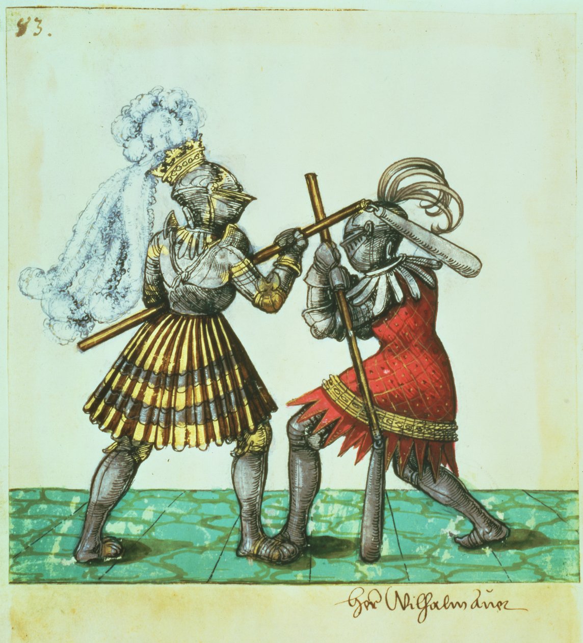 Fol.83ドイツのマクシミリアン1世（1459〜1519年）は、「フリーダルコーデックス」のマンツーマン戦闘に従事 作： ドイツ語学校