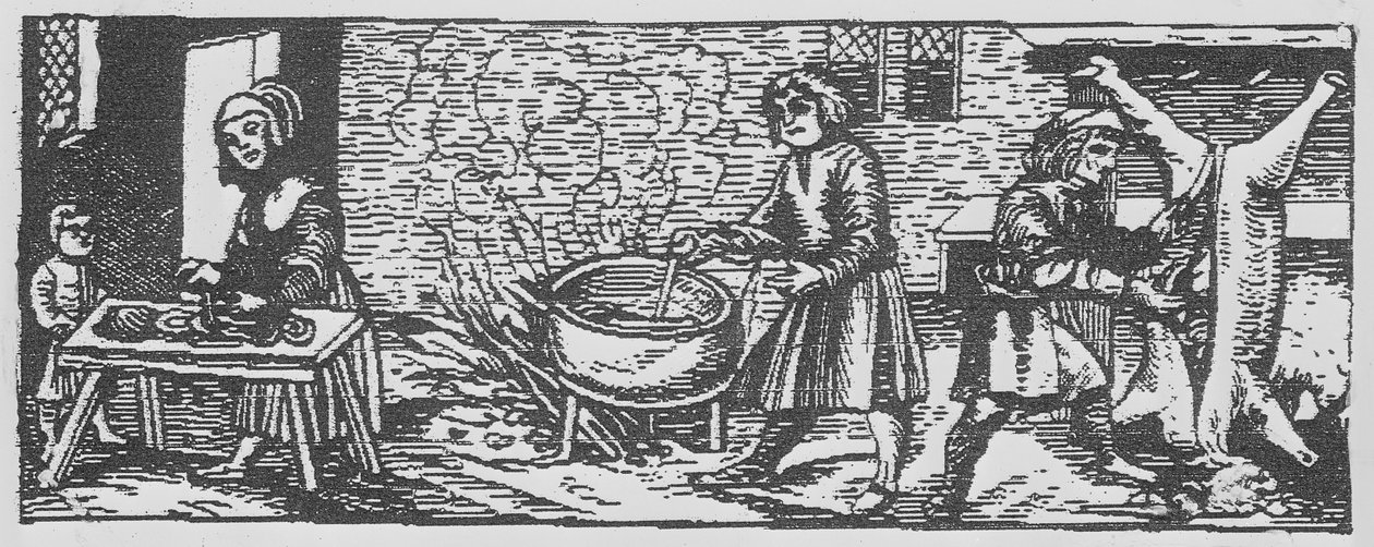 1518年にドイツのテュービンゲンで印刷された、ジャンシュテフラーの「カレンダリウムロマナム」のキッチンのインテリア 作： ドイツ語学校