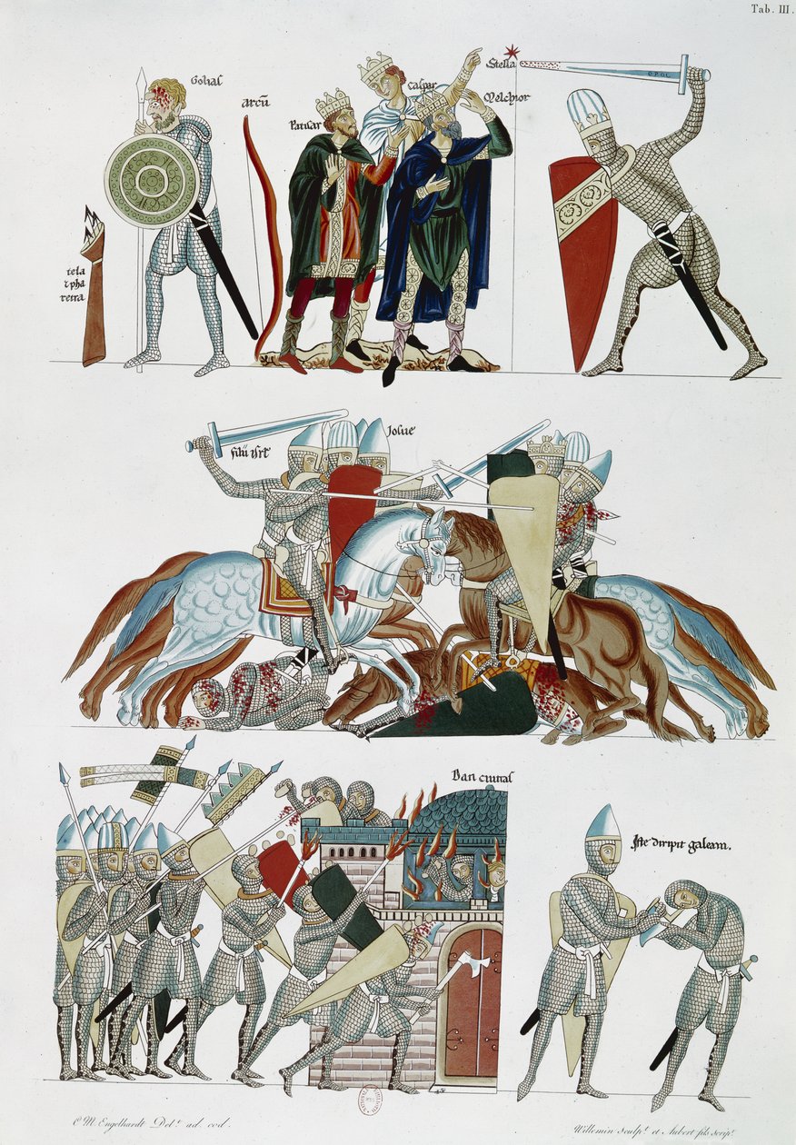Ms Facs 227 pl.3ヘラーデ・ド・ランツベルク作のHortus Deliciarumからのマギ、ジョシュアの戦い、ダンの包囲、12世紀の写本のファクシミリコピー（紙にペンとインクとトイレ） 作： ドイツ語学校