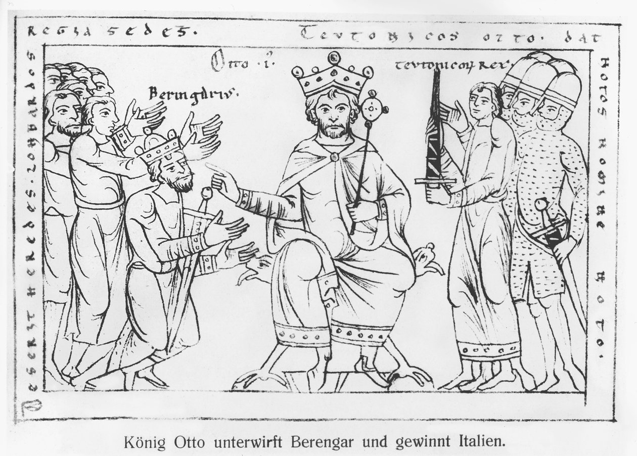 Otto I（912-73）「Chronique Othonique」（ファクシミリ）からベレンジャーII（900-66）とイタリアの勝利に提出 作： ドイツ語学校