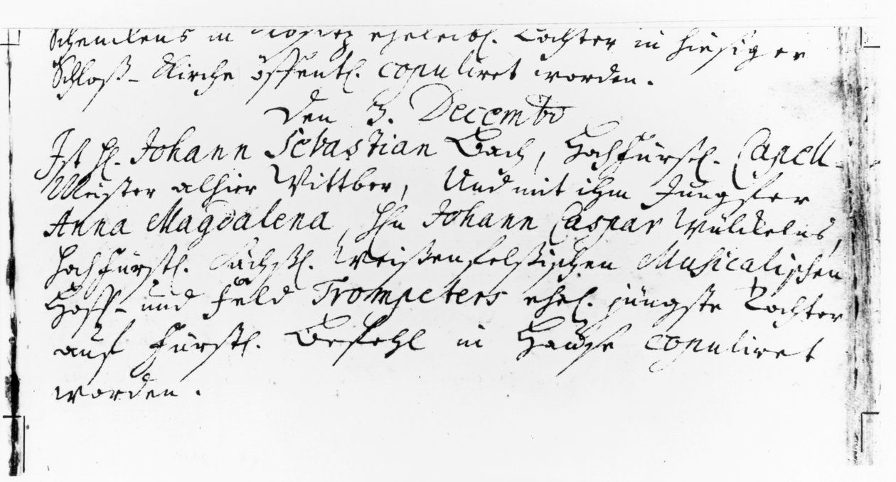 1721年12月3日、ケーテン、ヤコブ教会の牧師館でのアンナマグダレーナウィッケルンへのバッハの結婚式の登録（紙にペンとインク） 作： ドイツ語学校